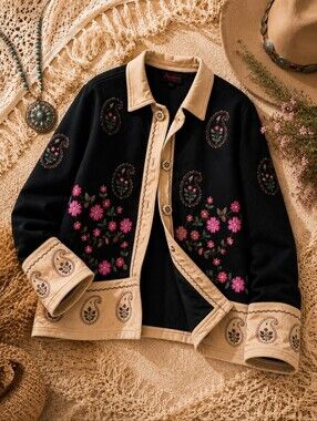 Passion Embroidered Floral Paisley Cotton Boho Jacket L